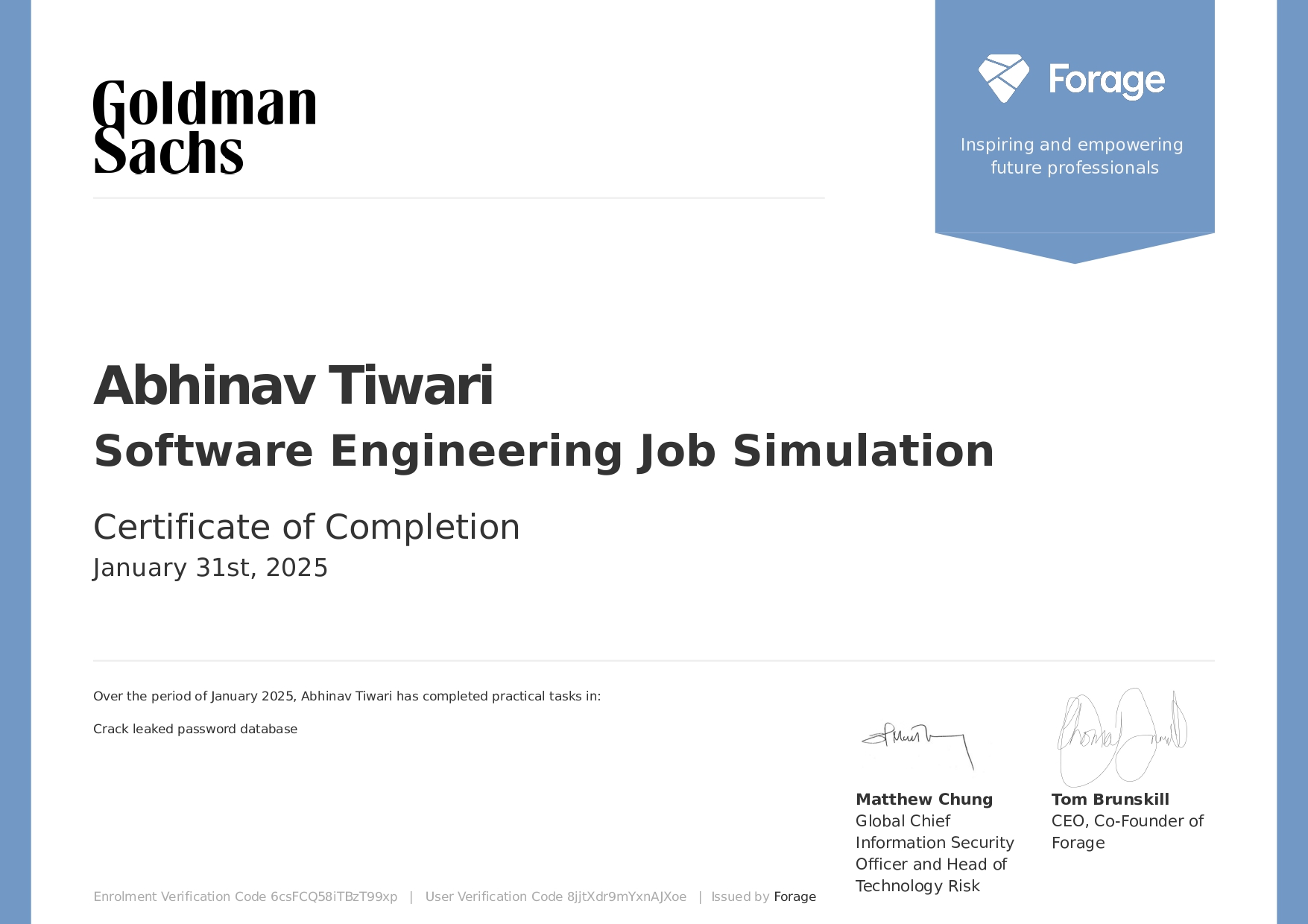 Goldman Sachs Software Engineering Job Simulation Certificate