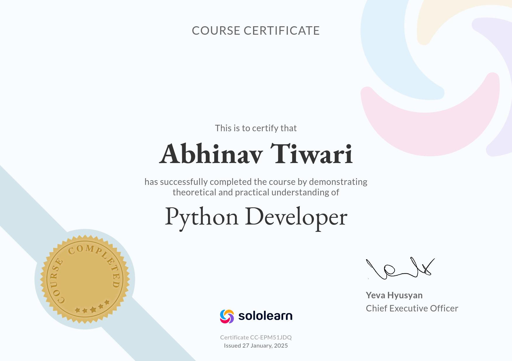 Sololearn Python Developer Certificate